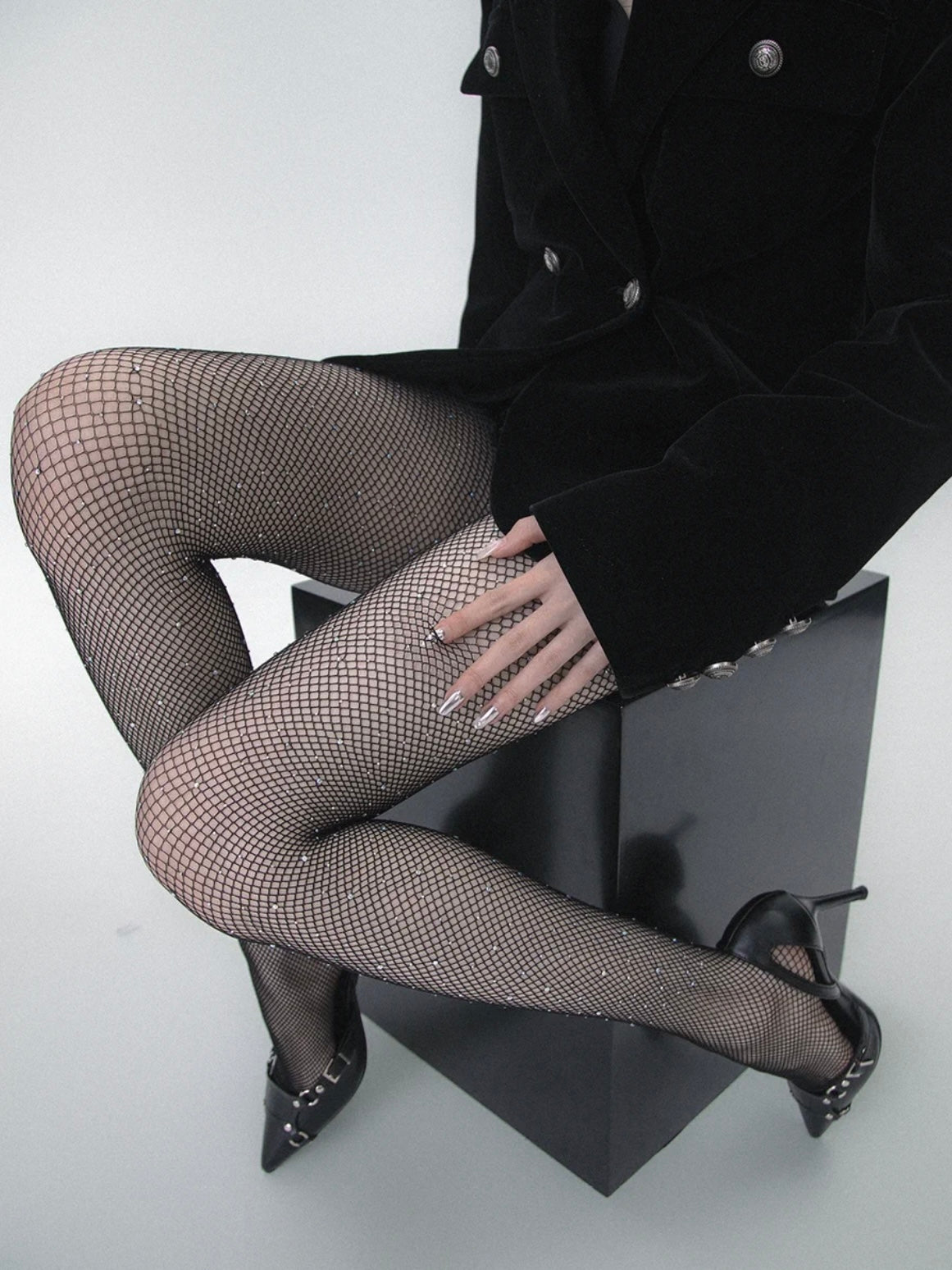 Black Crystal-embellished Fishnet Stocking