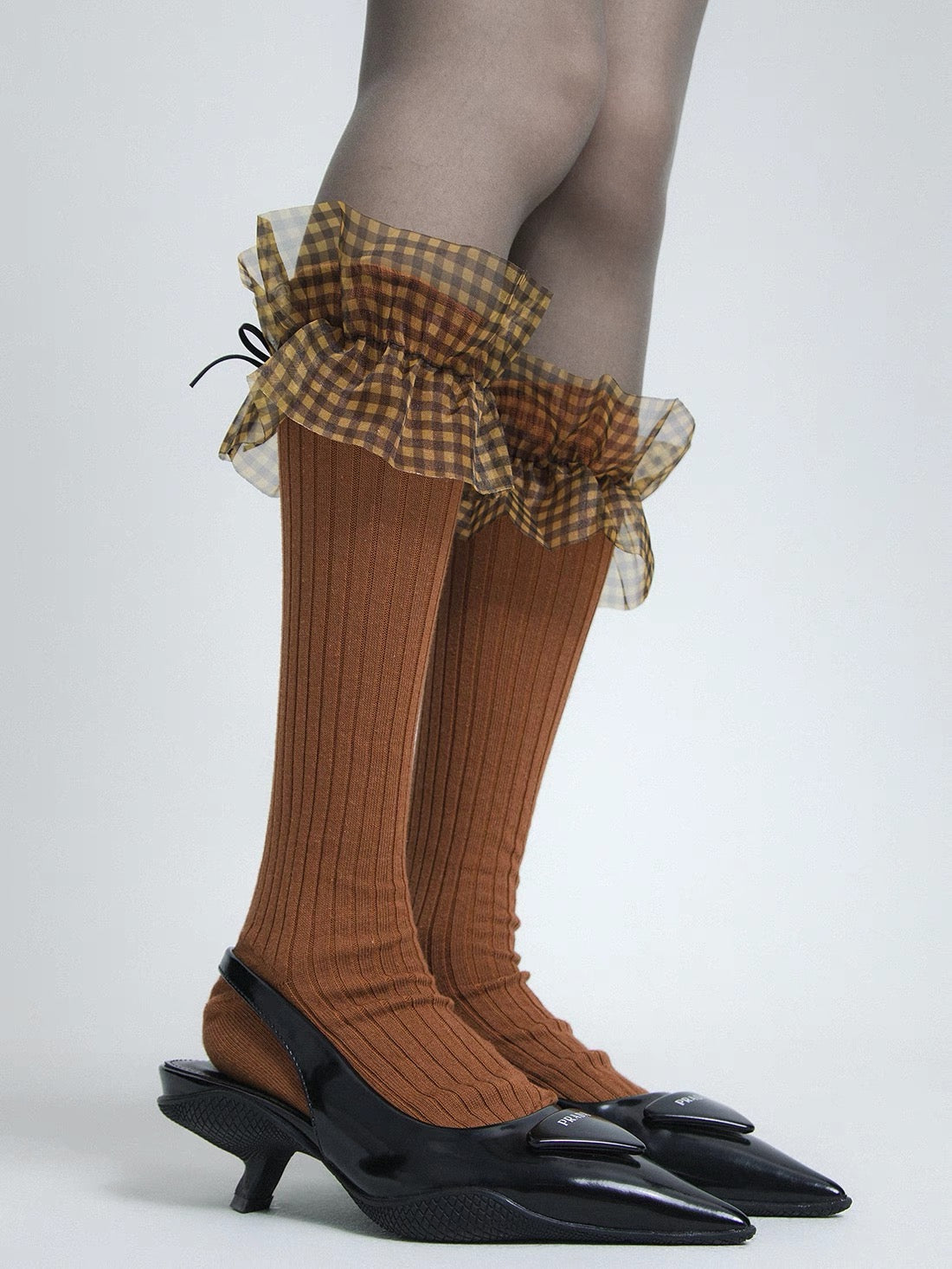 Checkered Lace-trimmed Sock