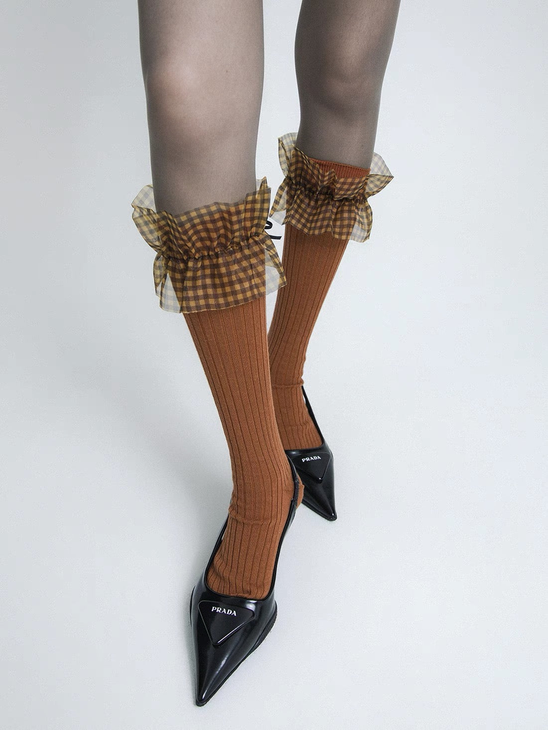 Checkered Lace-trimmed Sock