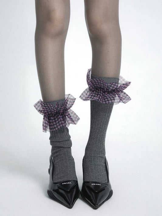 Checkered Lace-trimmed Sock