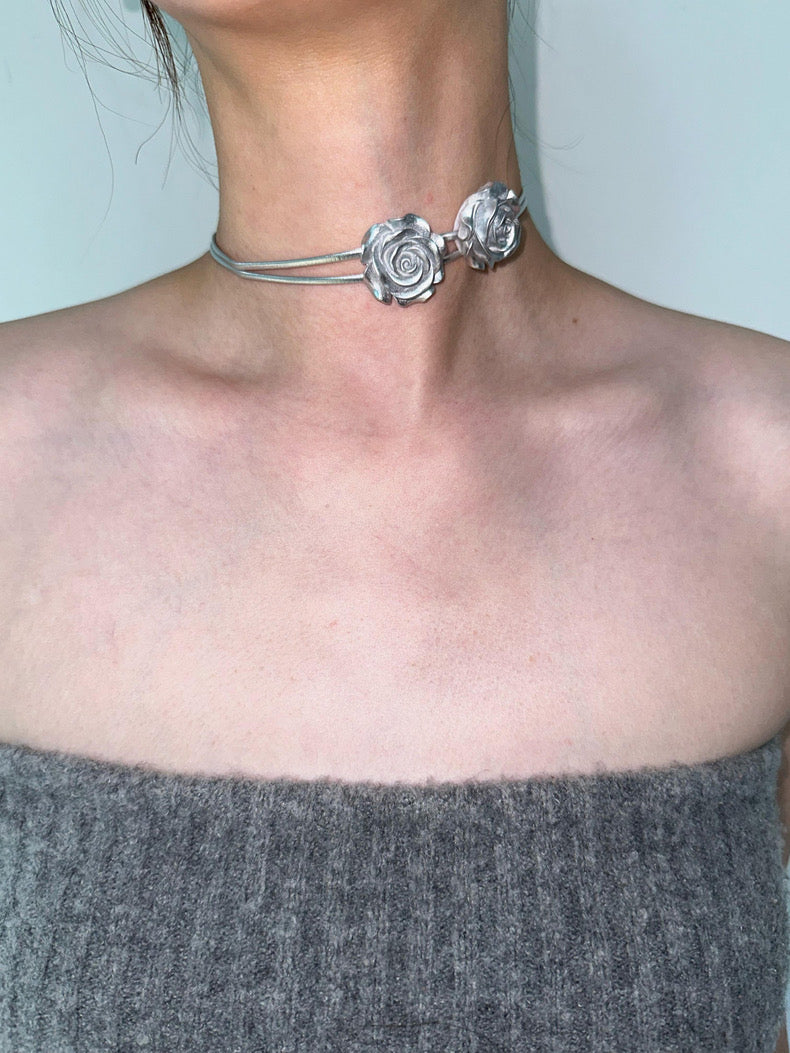 Romantic Silver Rose Double - Layered Necklace