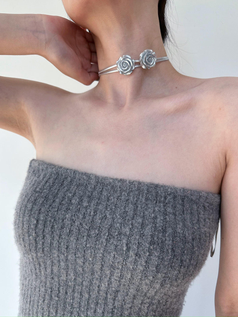 Romantic Silver Rose Double - Layered Necklace