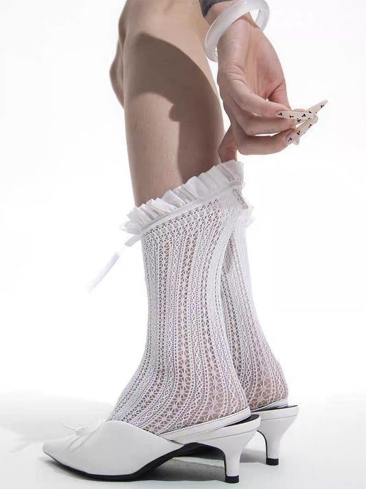 Vertical Striped Lace-trimmed Long Sock/ Crew Sock